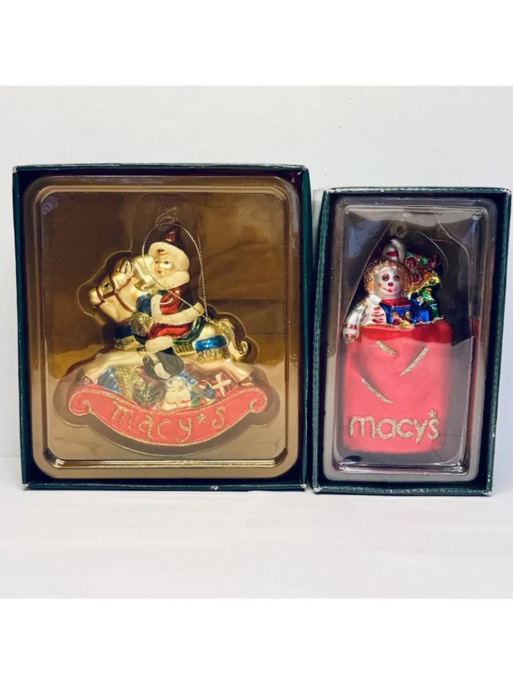 Macy's Lot of 2 Glass Ornaments Elf Rocking Horse Bag of Gifts